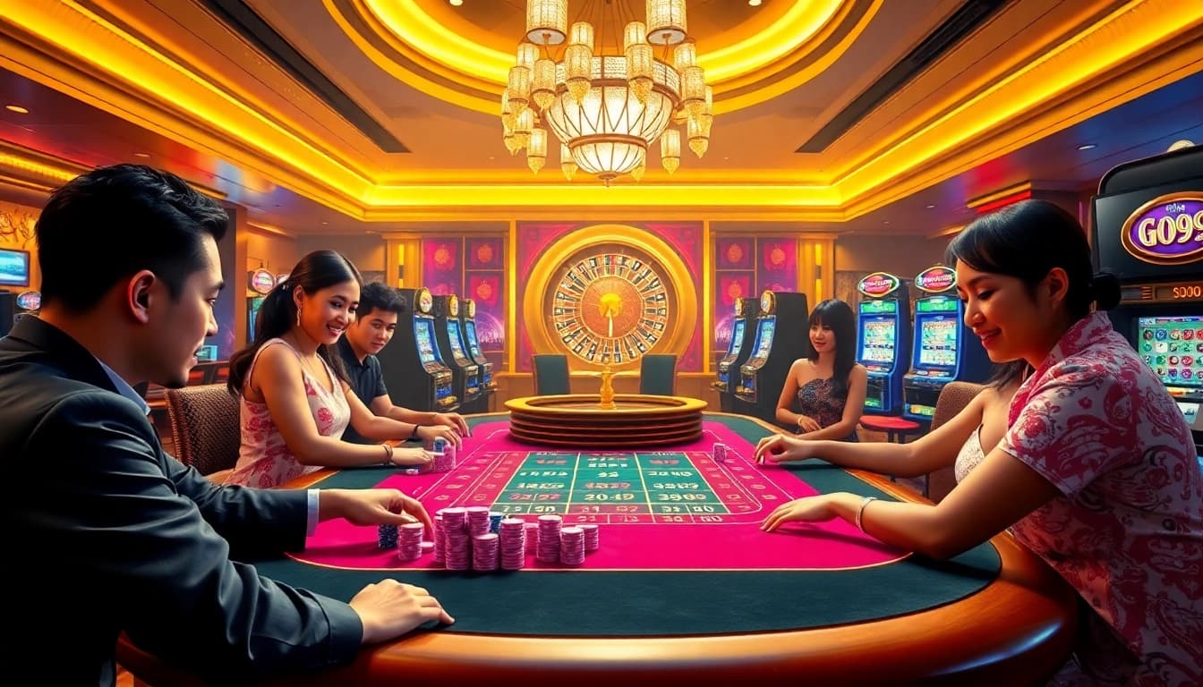 Exciting gambling action at a GO99-themed casino table game with vibrant décor.