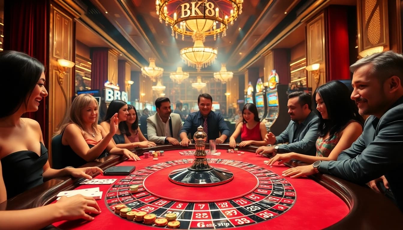 Exciting BK8 casino gaming scene with players using vibrant poker chips and roulette.