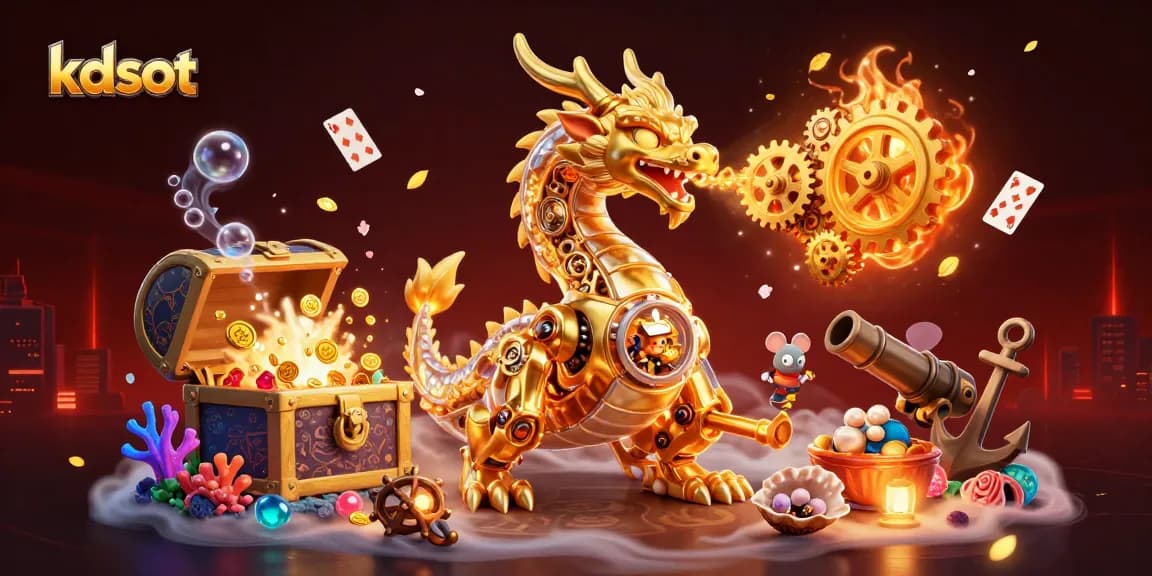 Engage with kdslot's vibrant world of gaming featuring a golden dragon and dazzling treasures.