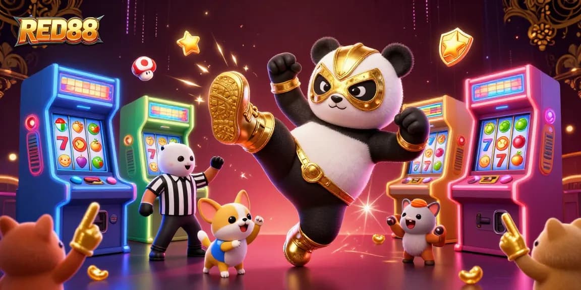 Join the excitement with RED88 as a panda wrestler kicks while chihuahua referee counts amid casino elements.