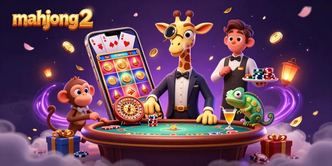 Experience mahjong 2 excitement with a high-roller giraffe and engaging casino elements in a vibrant scene.