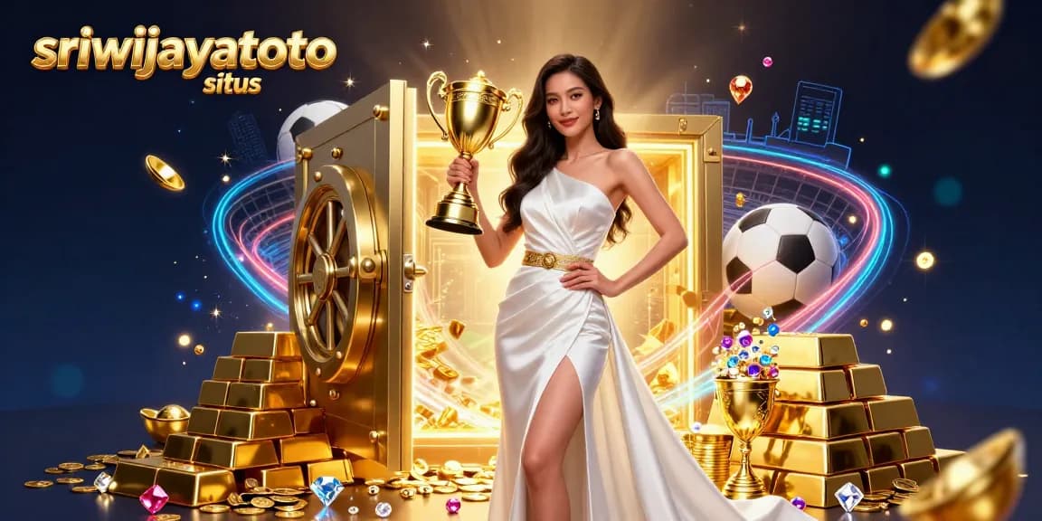 Bet on the sriwijayatoto situs as an Asian woman celebrates victory with trophies and sports betting elements.