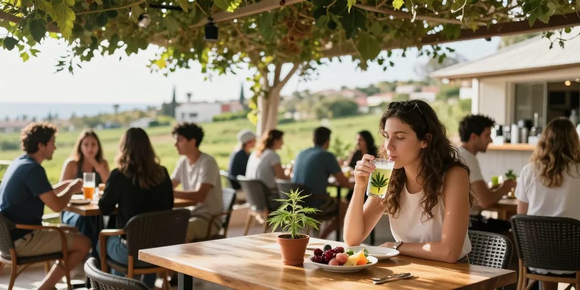Legal vaping age in Cyprus affirmed with CBD-infused drink at cheerful café, promoting wellness.