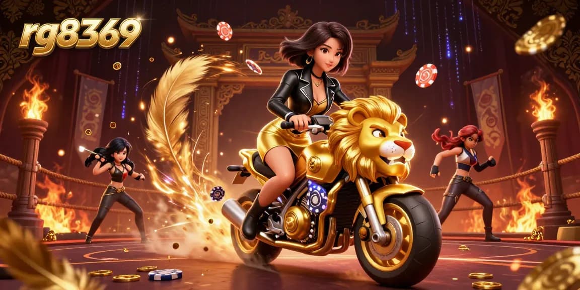 Experience the thrilling atmosphere of rg8369 casino with our glamorous scene featuring a stylish woman, golden lion, and dynamic game elements.