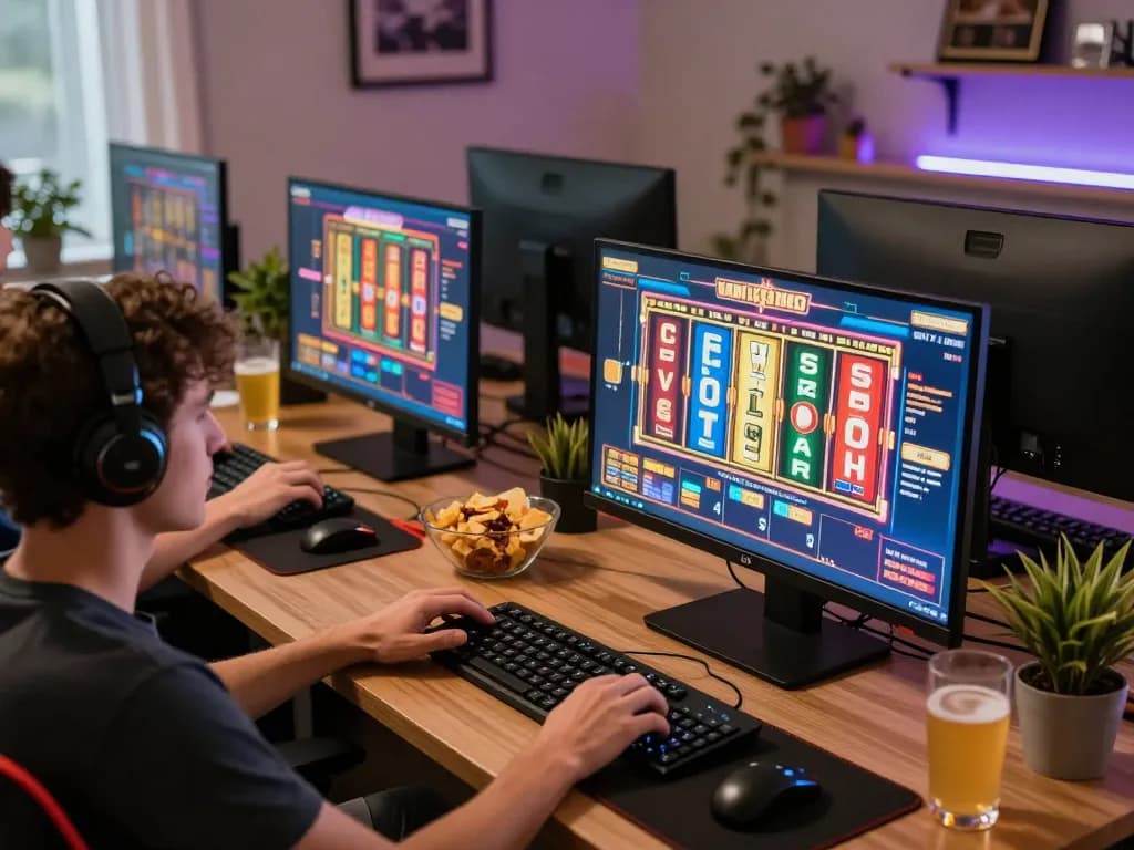 Player enjoying engaging slot 5k games on multiple screens at home, illustrating vibrant online gaming atmosphere.