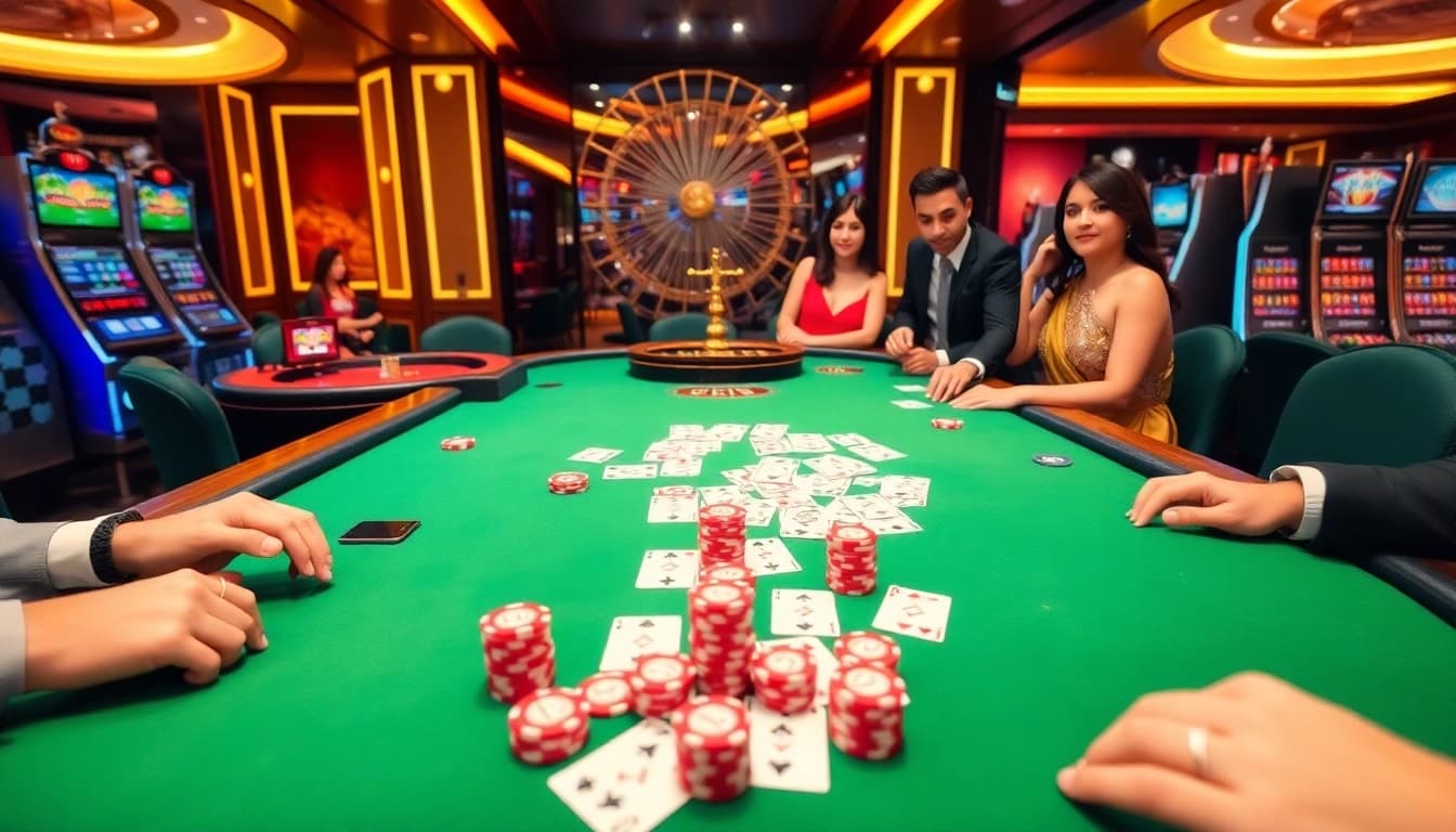 KJC casino gaming ambiance featuring an exciting Texas Hold'em table, luxury decor, and engaging players.