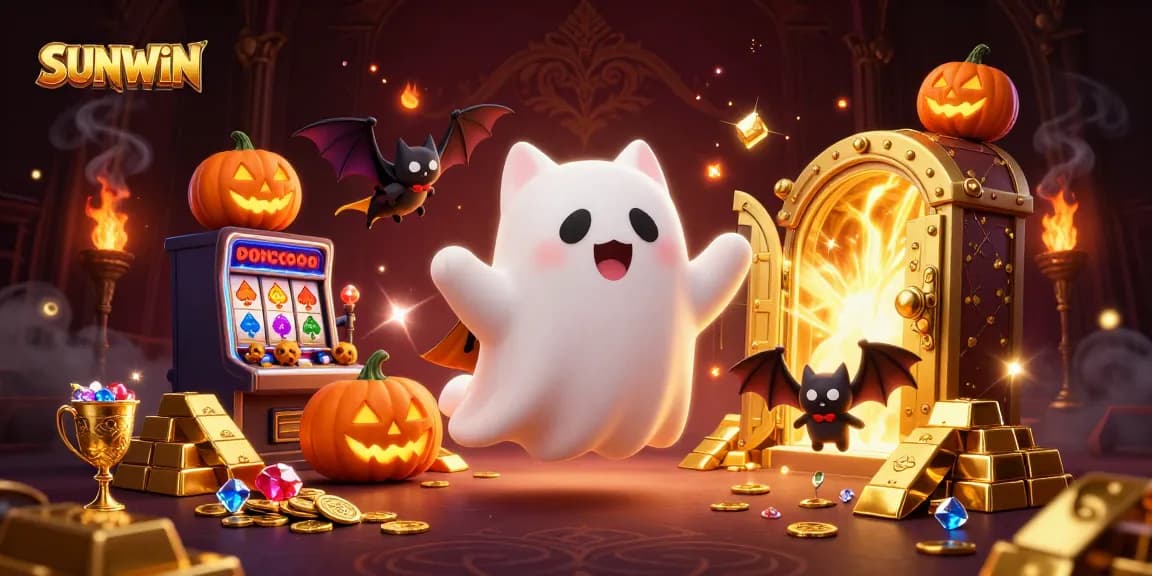 SUNWIN offers thrilling haunted casino gaming with a ghostly cat and a vampire bat, surrounded by treasures and slot machines.
