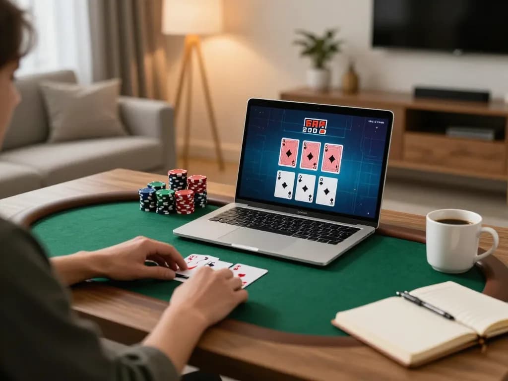 Engaged player strategizing a poker game on bdtk66 in a cozy home setting with warm lighting.