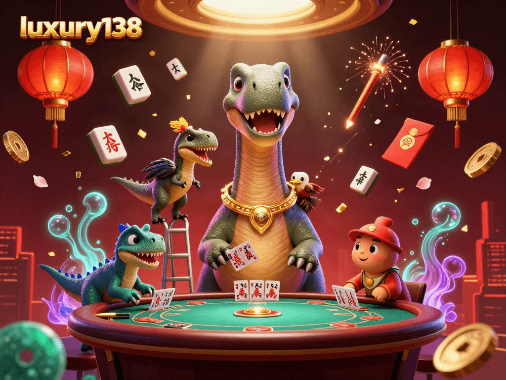 Permainan kartu di luxury138 dengan dinosaurus kartun dan efek keceriaan kasino