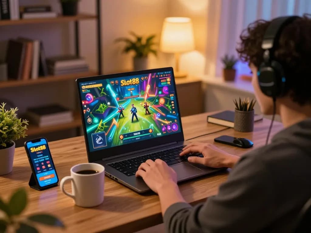 Engaging player immersed in Slot88 online gaming session at home