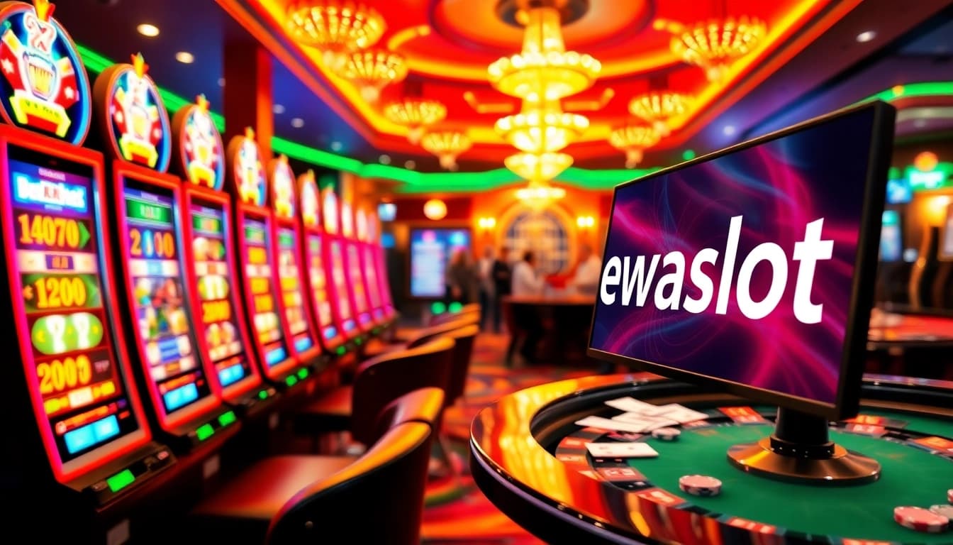 Dewaslot offers thrilling slot gaming experience in a vibrant casino environment with active players and shining machines.