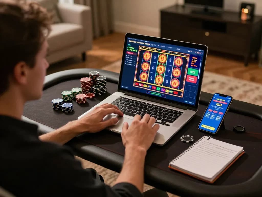 Players engaging with W69 slots interface on laptop while practicing responsible gambling strategies