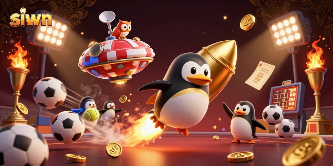 Experience thrilling action at siwn with our dynamic 3D illustration of a golden penguin exploring a casino-themed space.