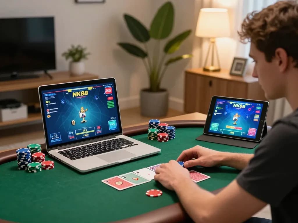 Engaging online poker gameplay on NK88 showcasing vibrant chips and cards in a cozy home setting.