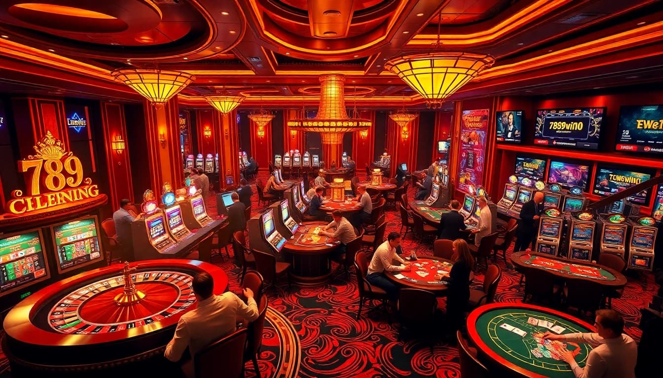 Players enjoying thrilling casino games and online bets at 789win's luxurious venue.