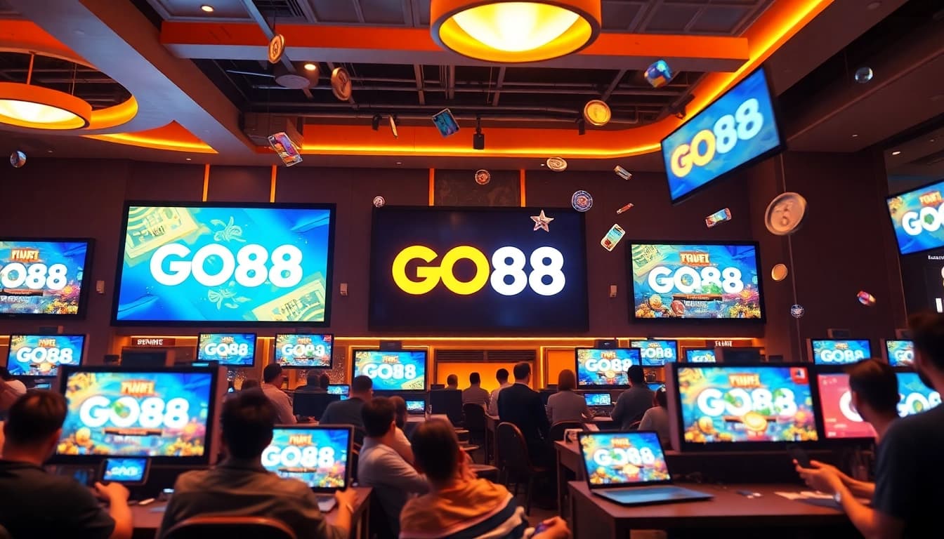 GO88 gaming environment showcasing diverse players enjoying online gaming with digital screens and vibrant rewards.