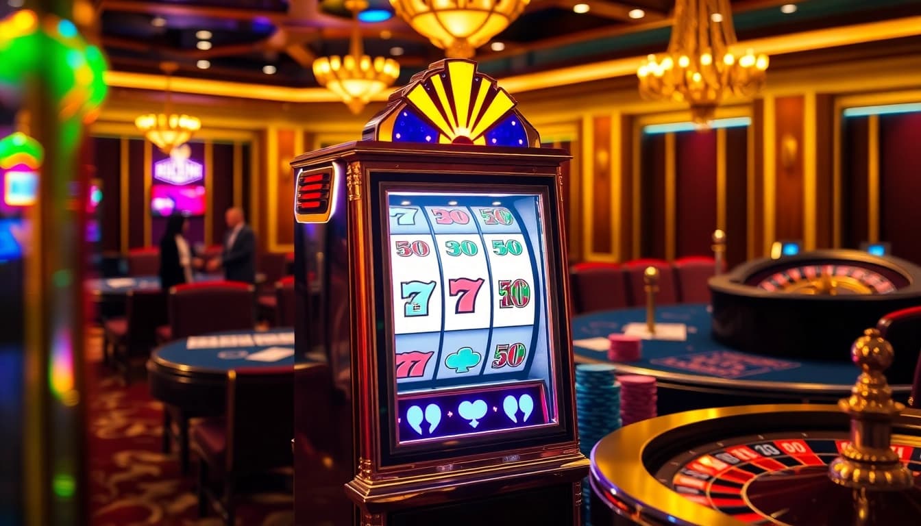 Spin the vibrant slot machine amidst luxurious casino tables and thrilling roulette wheels.