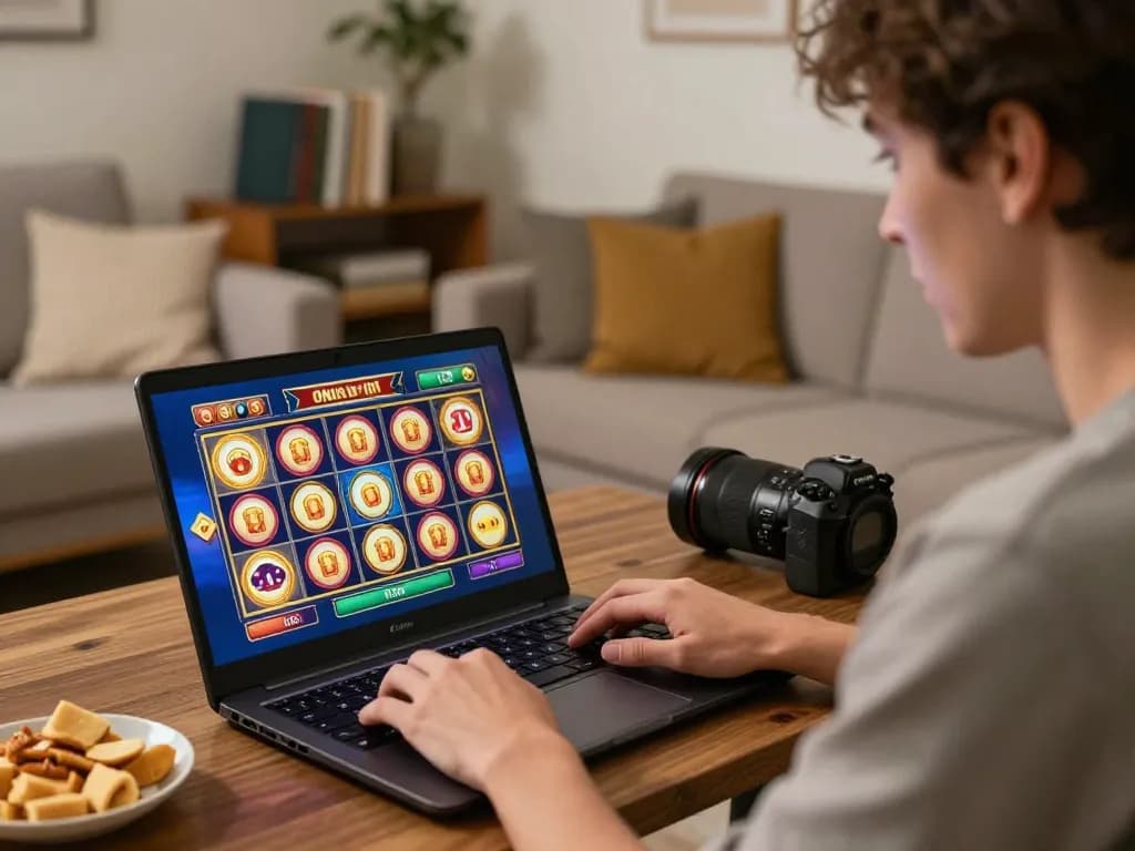 Player engaging with link slot gacor on laptop during an online gaming session at home