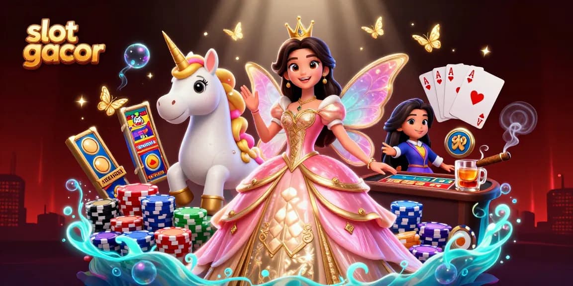 Experience thrilling slot gacor action with a majestic Asian princess, golden unicorn, and vibrant gaming elements.