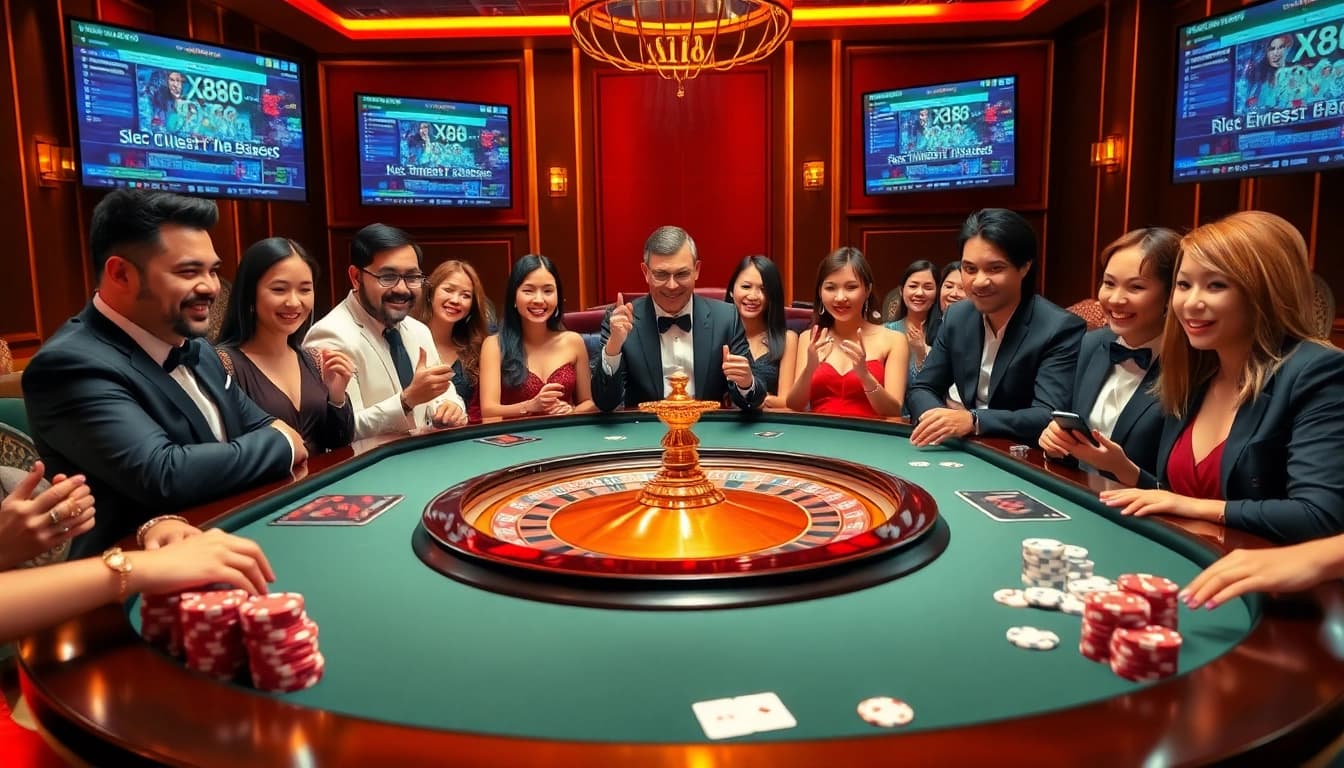 Experience the excitement of xx88 at a vibrant roulette table surrounded by enthusiastic players and luxurious decor.