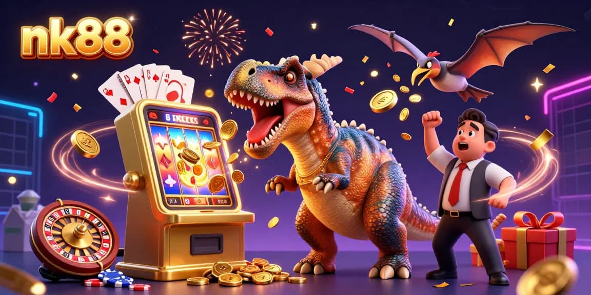 Engage with nk88’s thrilling jackpot scene featuring a pachycephalosaurus and vibrant casino elements.