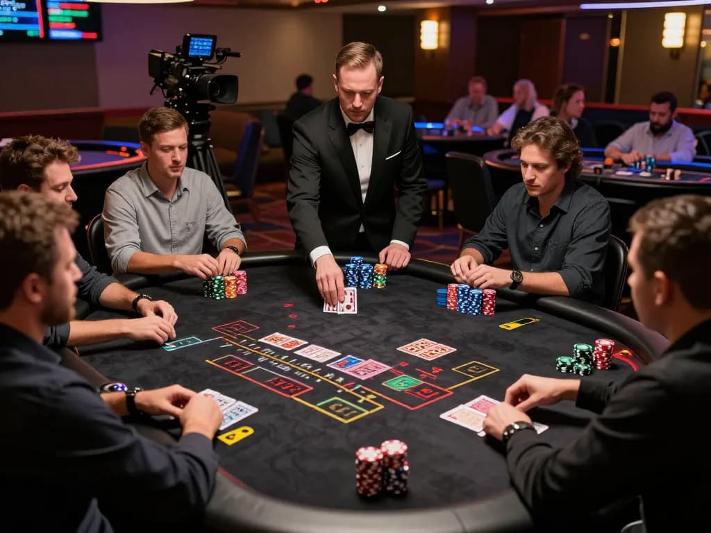 Permainan blackjack yang mengasyikkan di kasino Slovakia-vhs, dengan pemain fokus pada kartu mereka dan dealer dalam aksi.