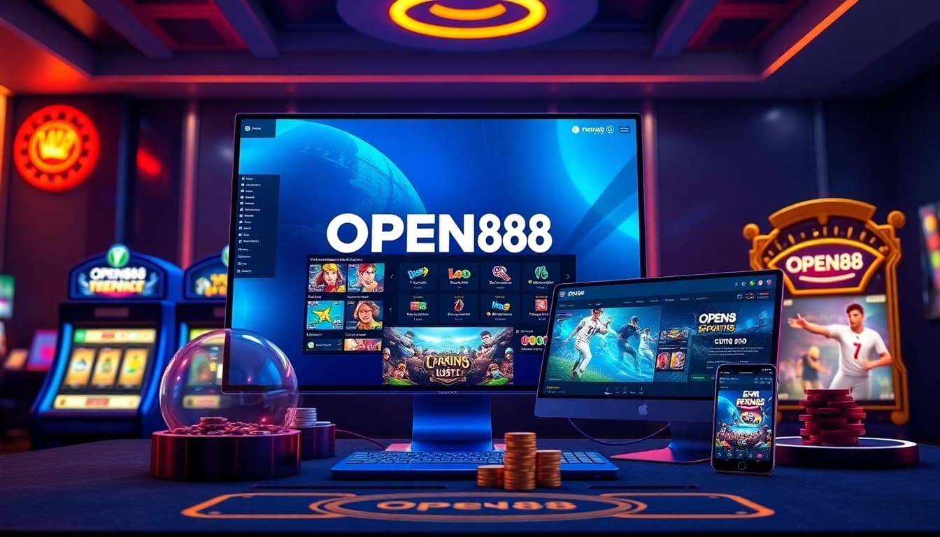 OPEN88 online gaming platform showcasing vibrant digital slot machines and sports betting graphics in a sleek modern design.
