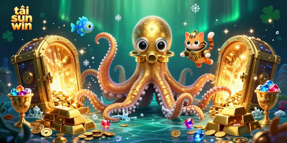 Play and win with tải sun win as you encounter a treasure scene with a kraken and diving cat.