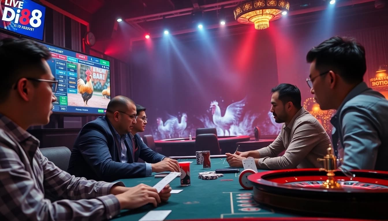 Place bets on Đá gà DH88 with an engaging live-streamed cockfighting scene highlighting exciting wagering options.