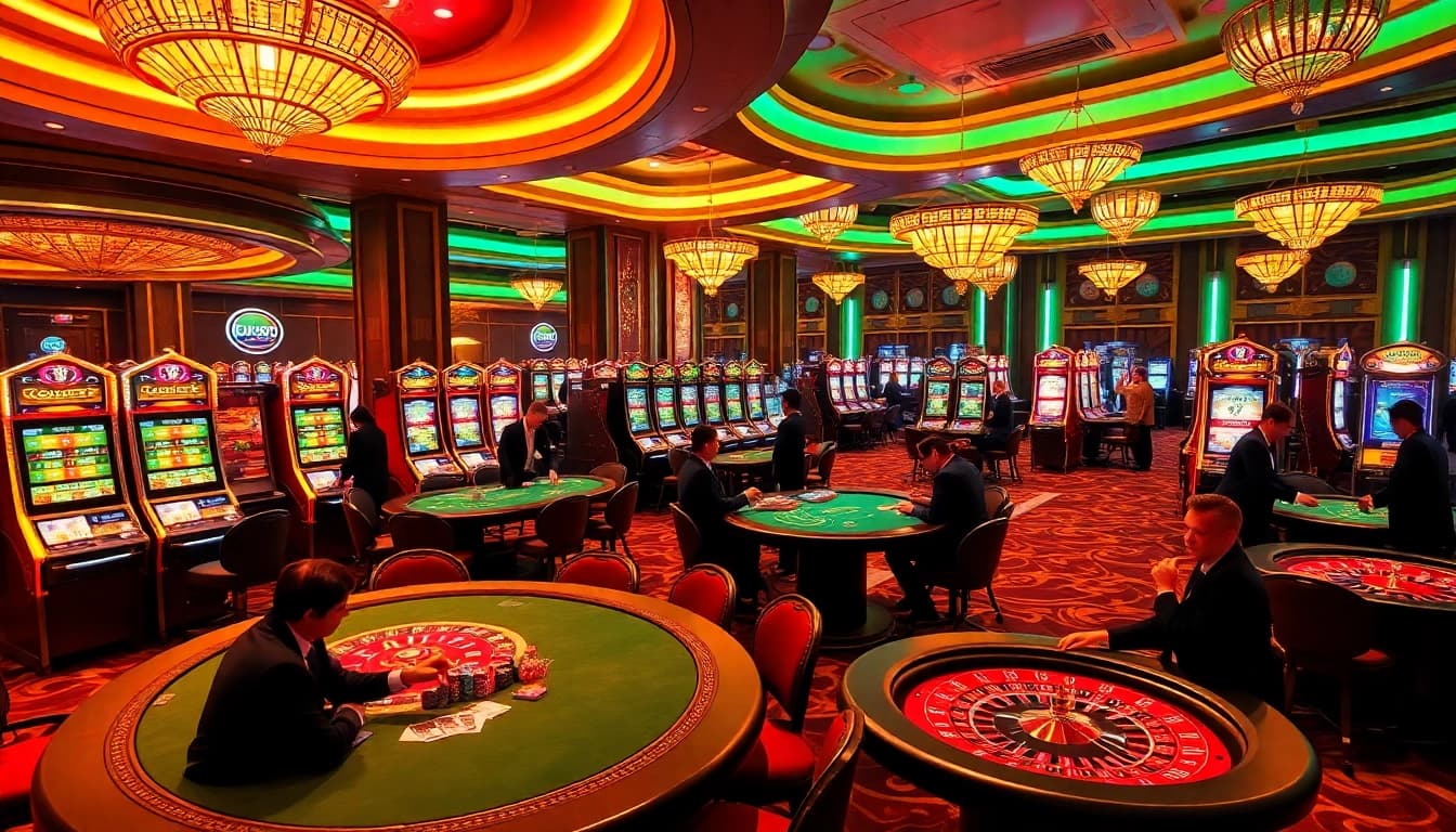 SODO66 casino scene with active poker and roulette games, showcasing excitement and luxury.