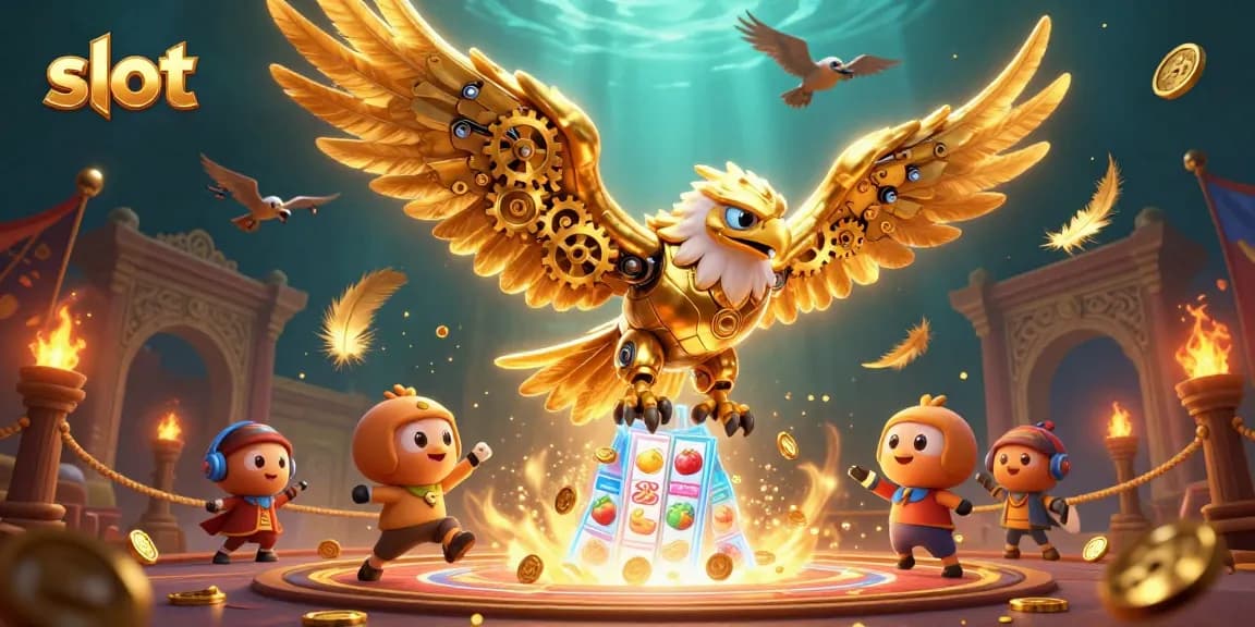 Win big with slot machines in a vibrant 3D illustration featuring a golden eagle amidst casino elements.