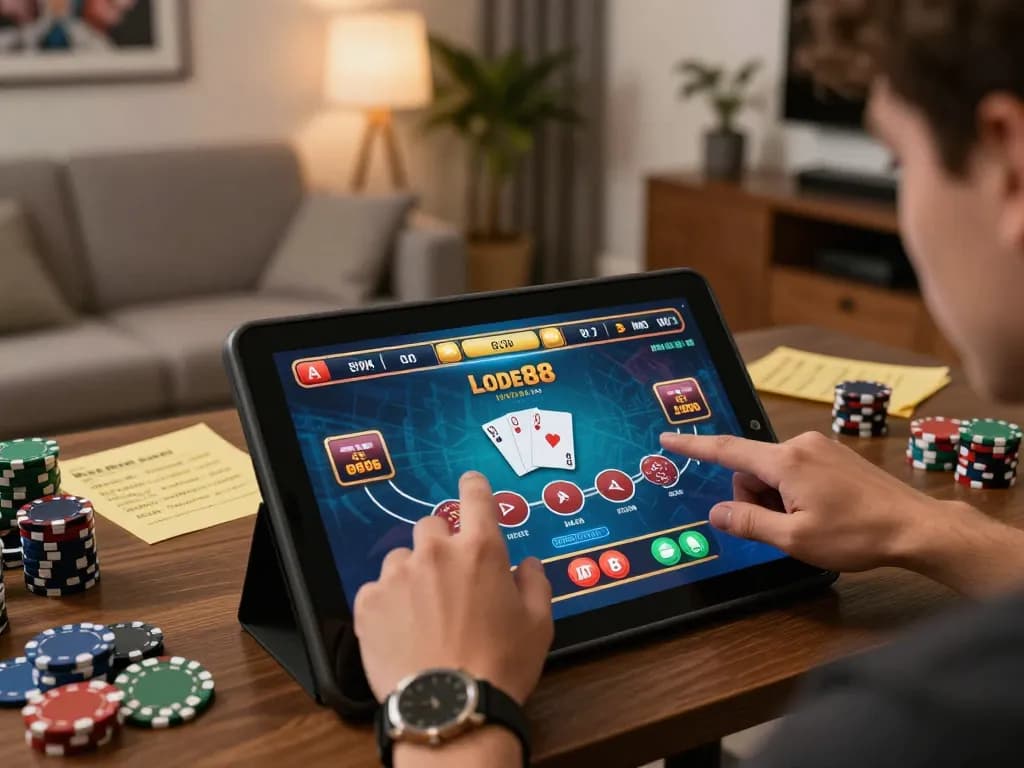 Player engaging in lode88 poker gameplay on a tablet, showcasing a modern gaming environment
