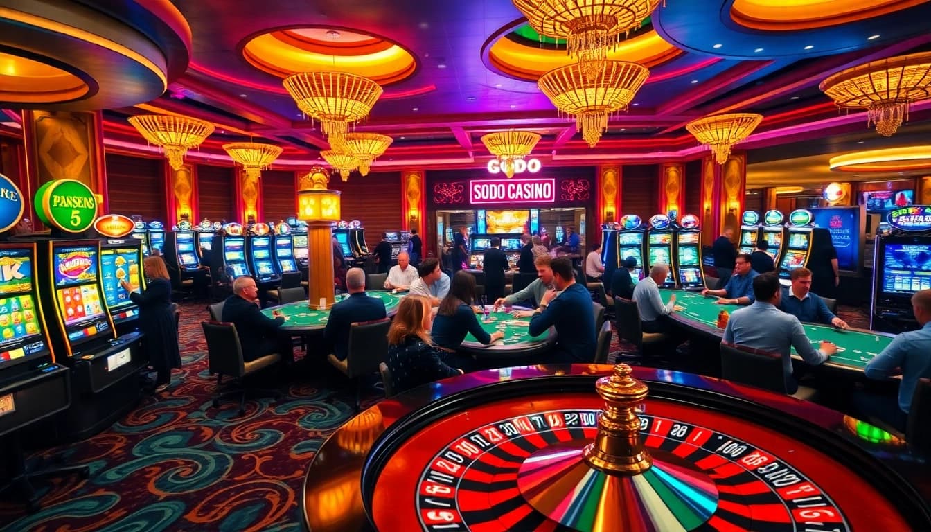 Players enjoying thrilling games at SODO CASINO with vibrant tables and slot machines.