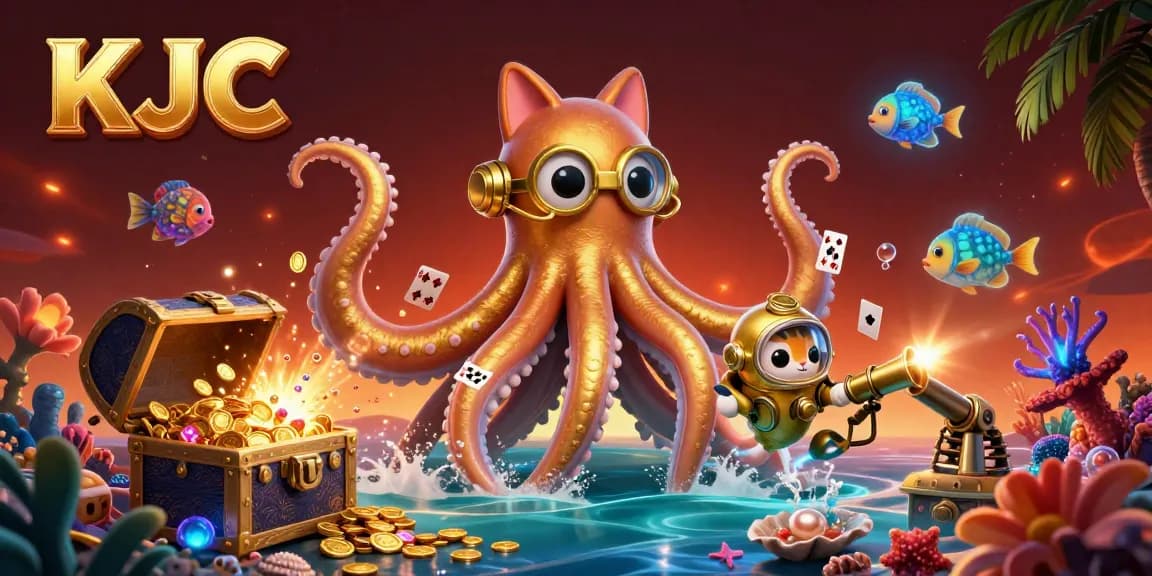 KJC promotes thrilling gambling experiences with an enchanting underwater scene featuring a kraken, diving cat, and luminous fish.