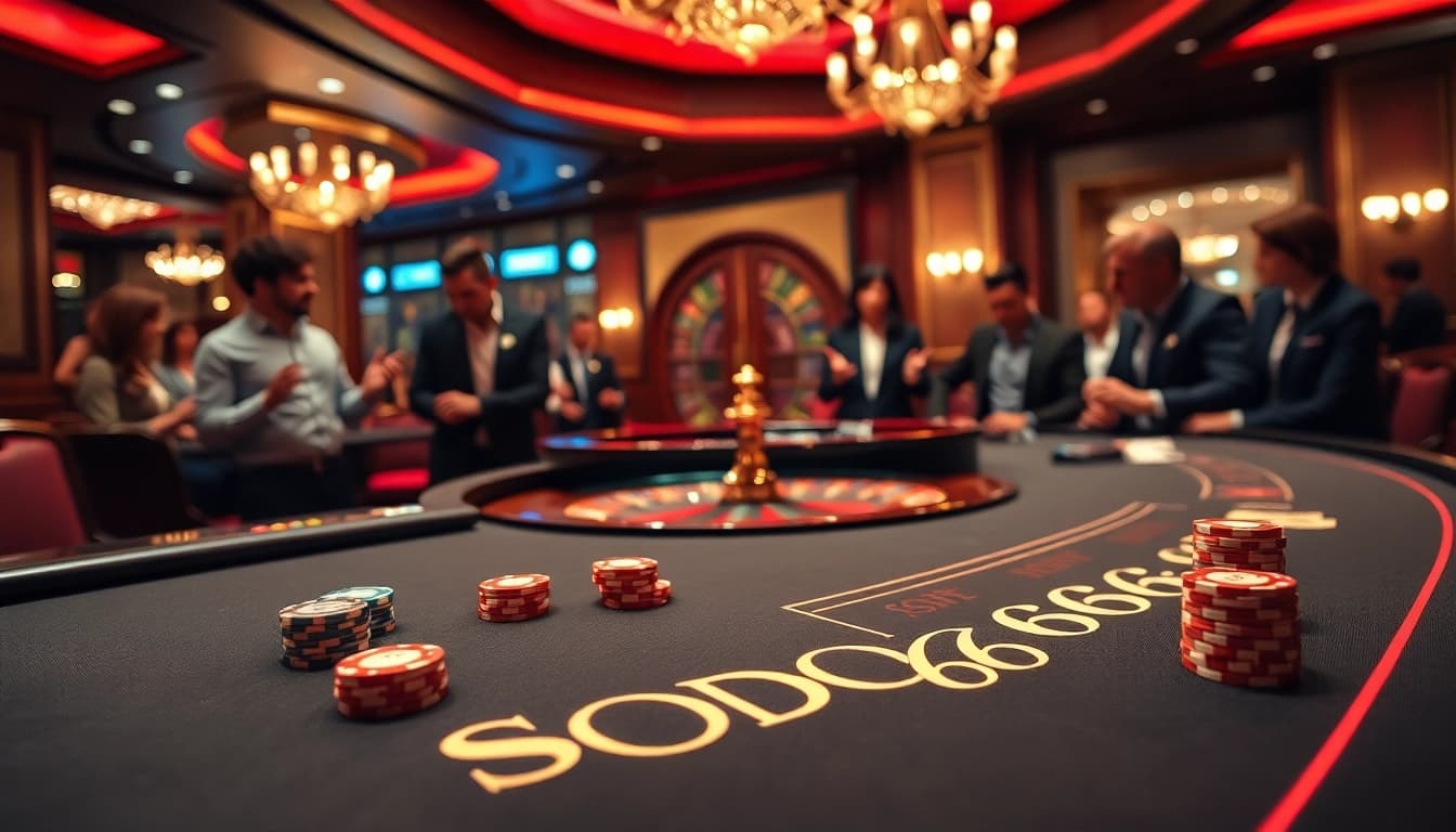 Experience the excitement of SODO66 at a vibrant casino table with colorful chips and cards.