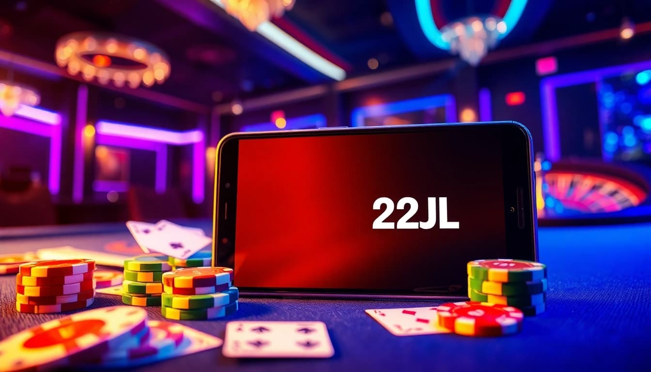 The thrill of playing the 22JL app showcased in a vibrant casino setting with poker chips and cards.