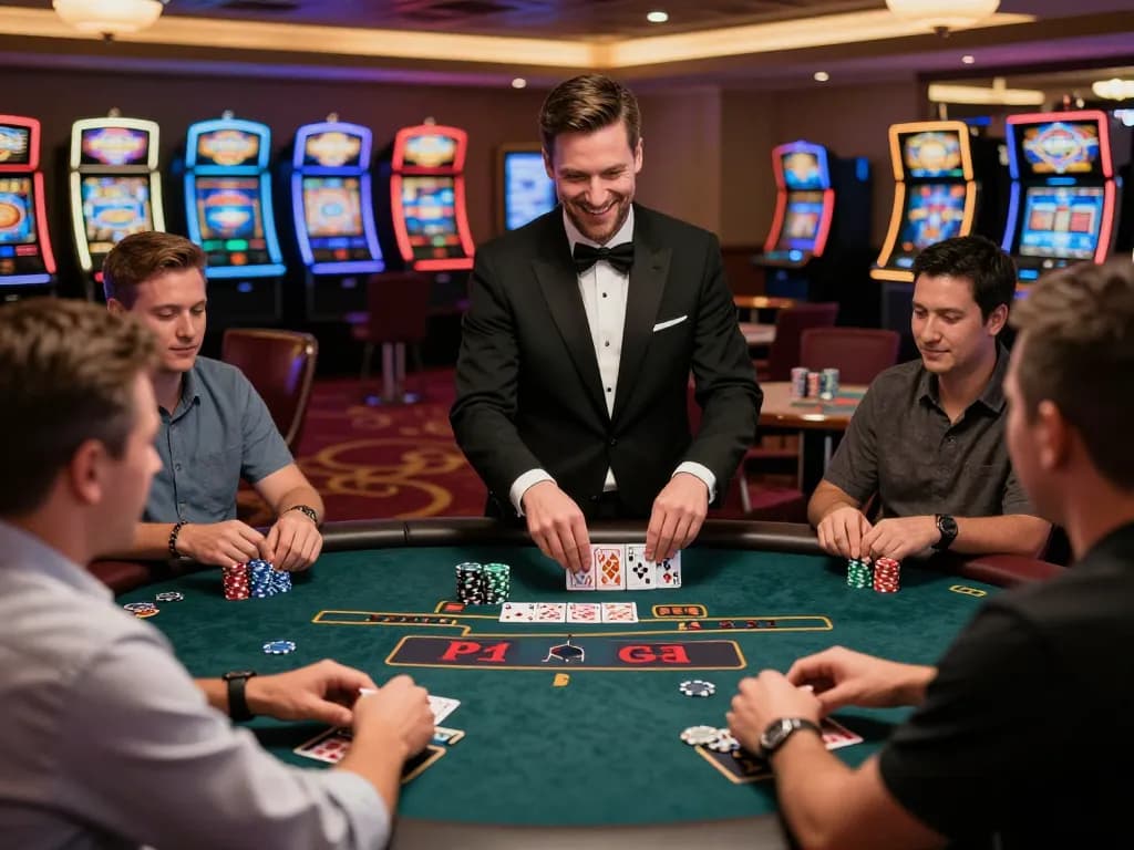 Players engaging in a thrilling MM88 blackjack game, dealer dealing cards amidst excitement.