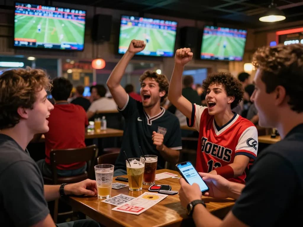 FC88 sports betting excitement with fans cheering and smartphones tracking live bets.