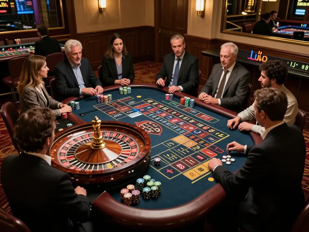 Pemain Hargatoto terlibat dalam aksi roulette yang mendebarkan, chip ditumpuk, suasana kasino yang vibrant.