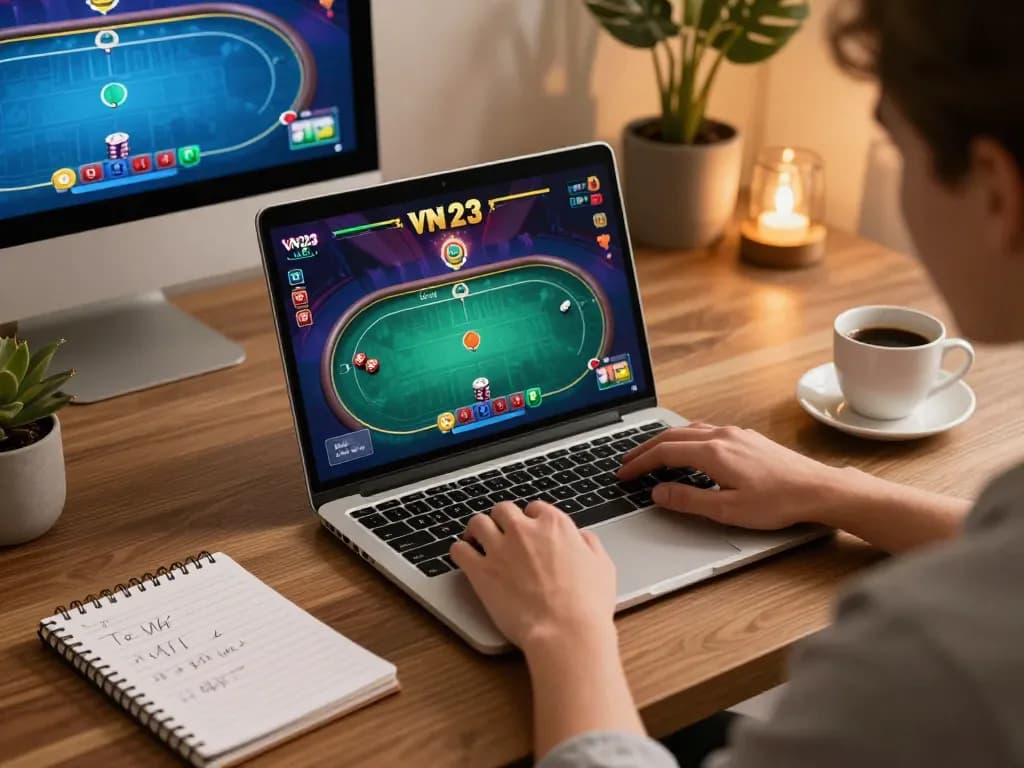 Play poker online on VN23 from a cozy home office setup with vibrant game graphics