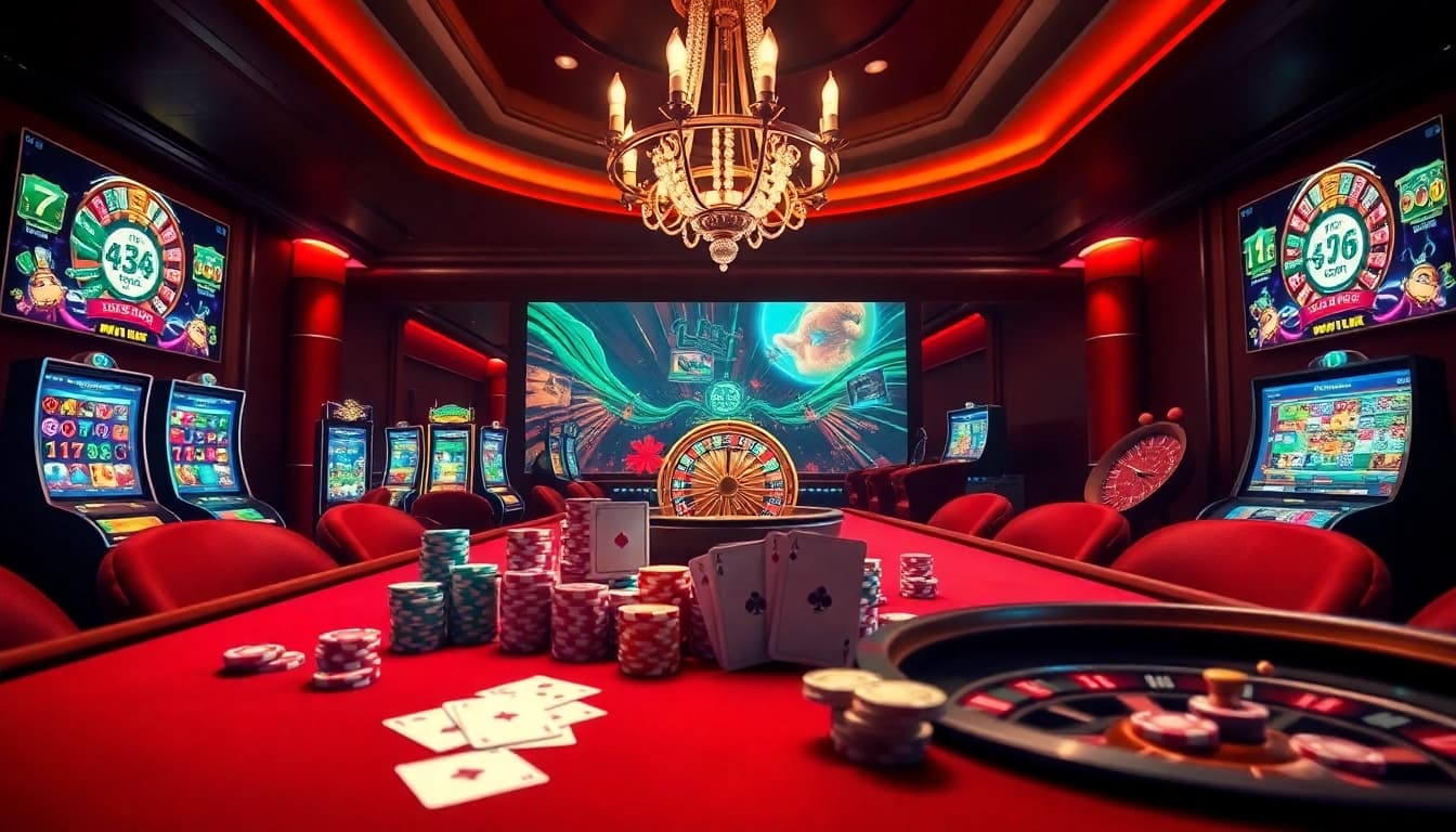 A thrilling gambling experience at https://luck882.co.com/ with poker chips, cards, and a roulette wheel glowing under elegant lighting.