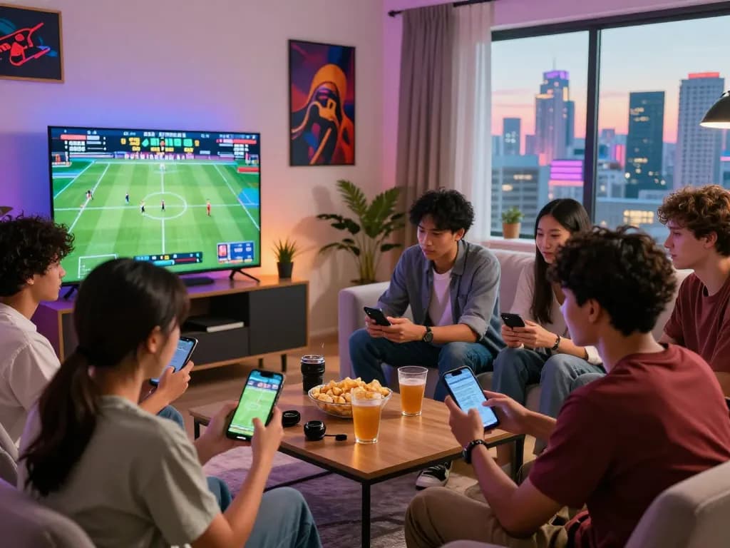 Exciting uu88 online gaming scene with friends discussing live sports betting in a modern living room.