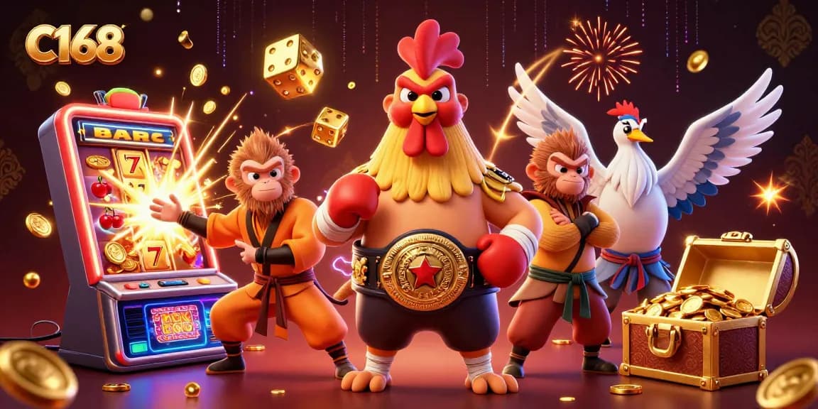 Experience C168's dynamic jackpot explosion with 3D characters and vibrant casino elements.