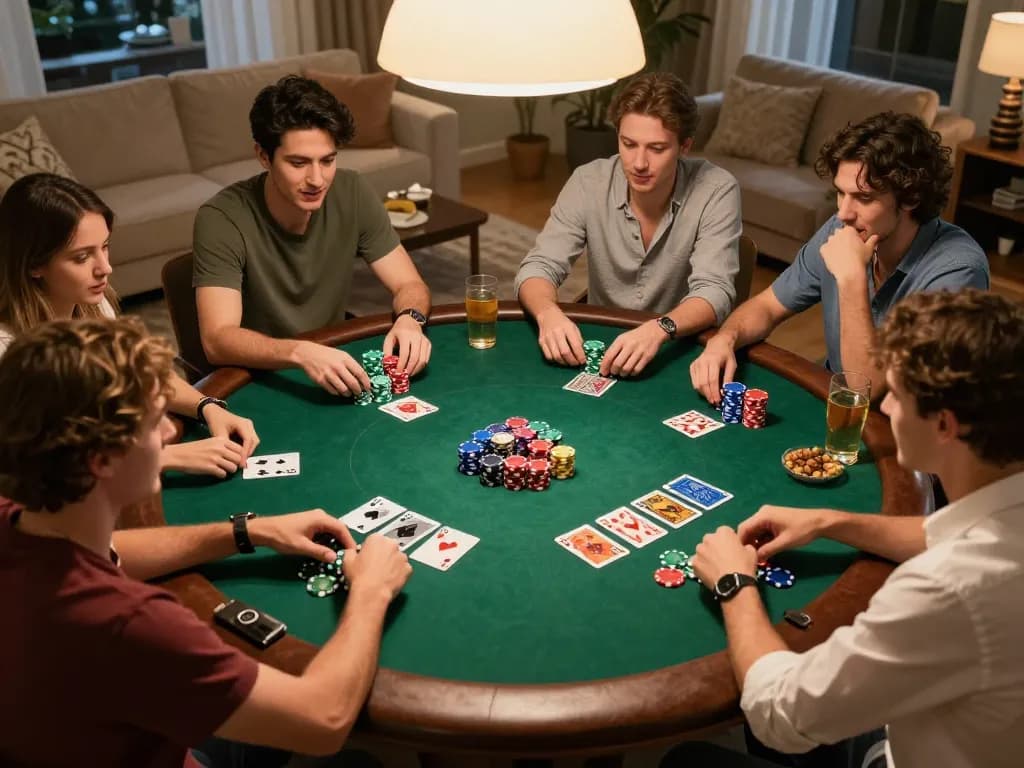 Winstrike69 players strategizing during a friendly home poker night with colorful chips and community cards.