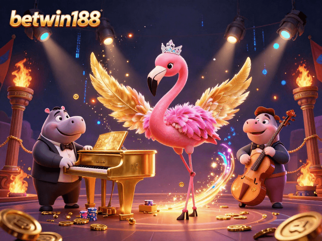 Experience thrill with betwin188 in a vibrant, lively casino scene featuring a flamingo and hippo.