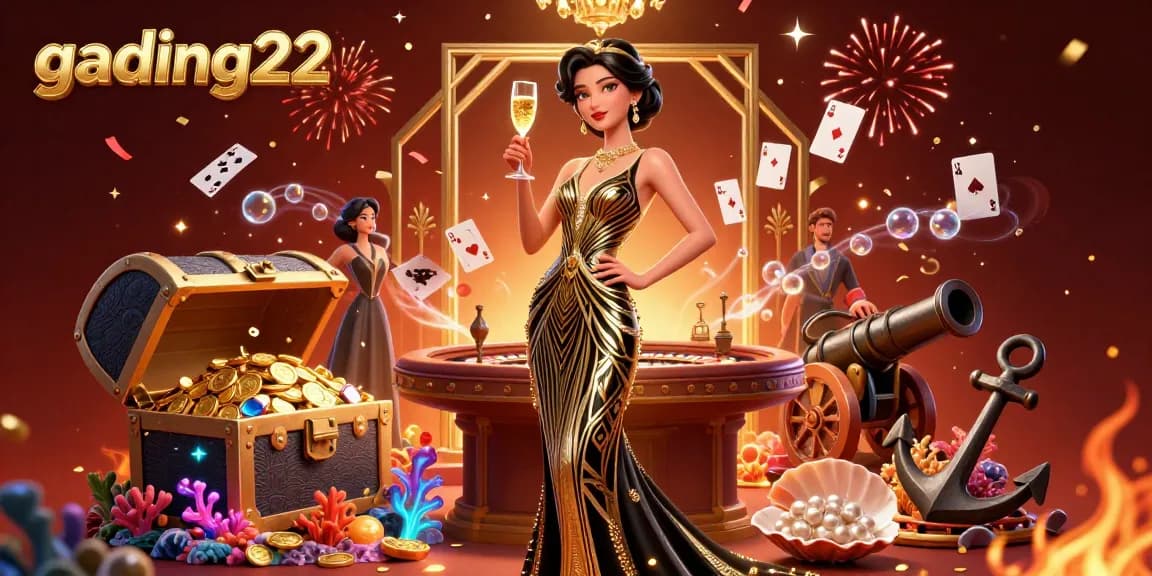 Engage with gading22 in a vibrant online casino illustrated scene featuring luxury, excitement, and rich game elements.