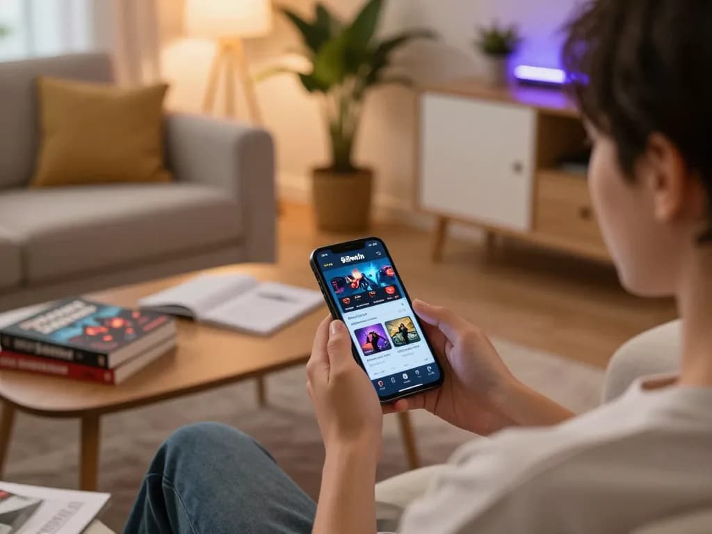Player engaging with the 98win casino app on smartphone, showcasing a cozy home gaming environment.