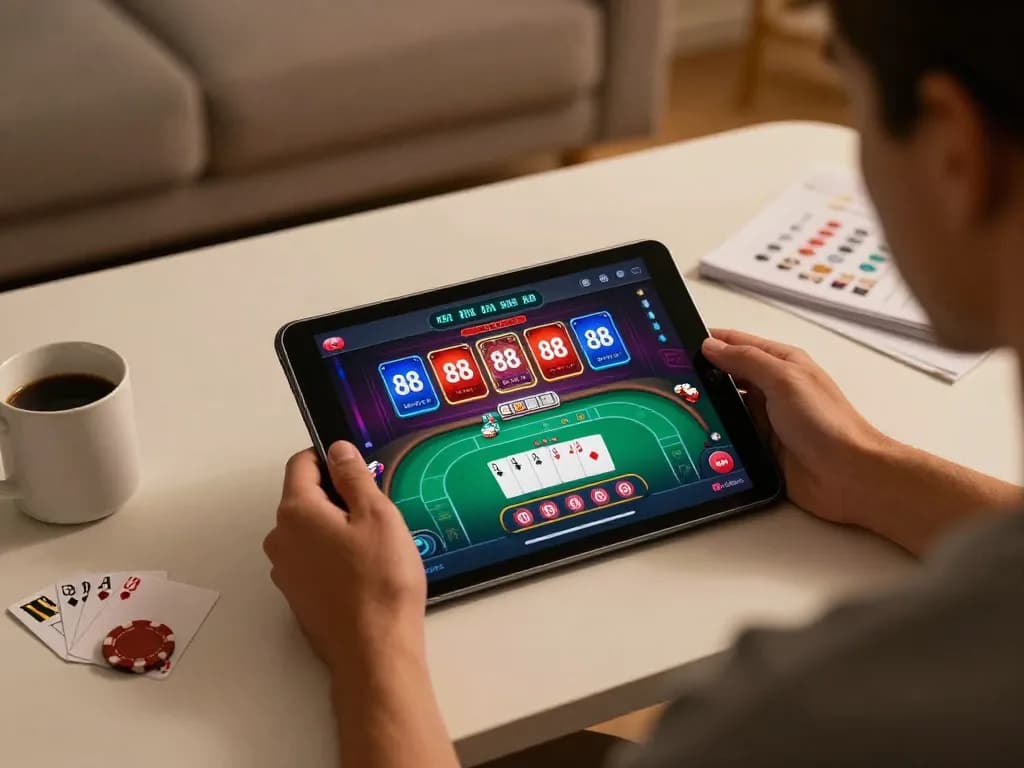 Engaged player enjoying open 88 online gambling on a tablet, showcasing poker gameplay.