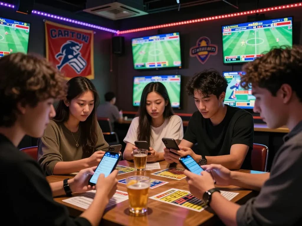 Friends engaging in sports betting at a lively sports bar while using uu88 trang chủ app for better odds.