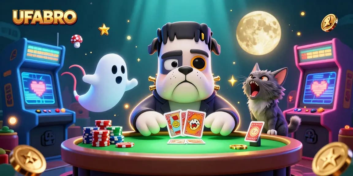 UFABRO players enjoy thrilling card games at night in a vibrant, spooky casino setting.